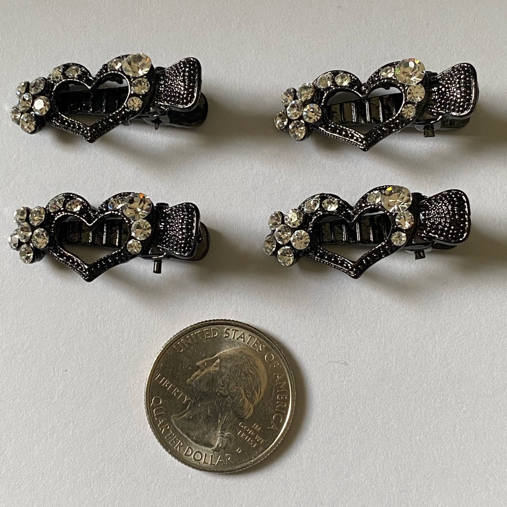 Black Rhinestone Heart Hair Clips (4) - Picture 3 of 5
